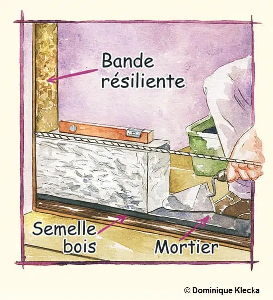Schéma montrant comment rigidifier l'assise de la cloison avec une semelle de bois