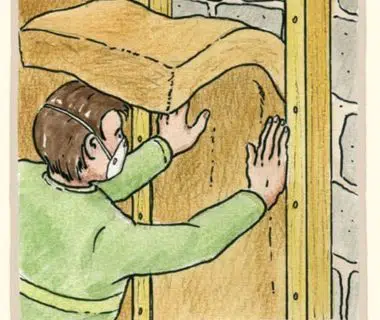 Illustration montrant la mise en place de l'isolant entre deux tasseaux