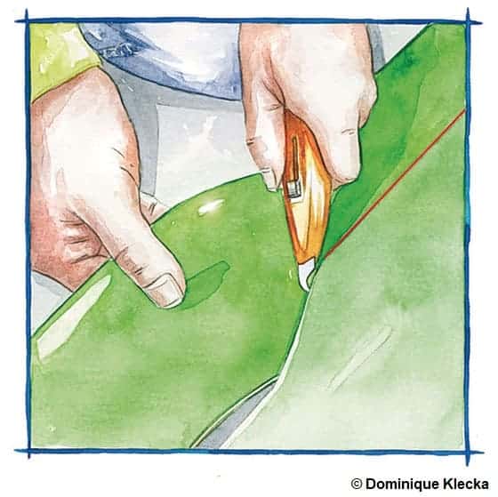 Illustration montrant la découpe du lino avec un cutter à lame droite