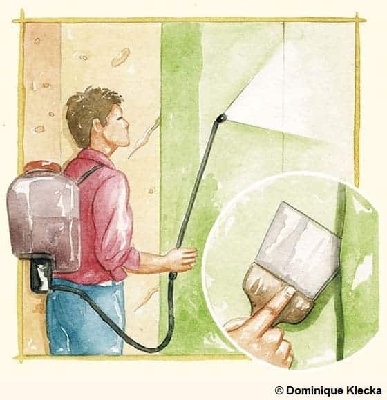 Illustration d'un homme qui humidie un mur avec un pulvérisateur de jardin