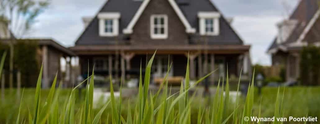 De l'herbe au premier plan et une maison flouée en arrière plan