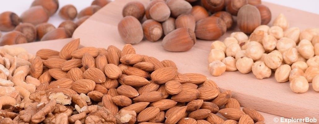 Fruits à coques sur un plateau : amandes et noisettes