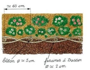 Dessin d'une barrière tressée avec des bâtons et des fascines à tresser