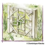 Dessin d'un portail mis en place sur les poteaux avec une structure décorative