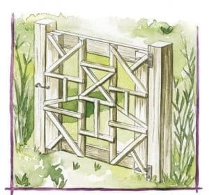 Dessin d'un portail mis en place sur les poteaux avec une structure décorative