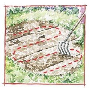 Dessin d'un jardinier qui travaille le sol à la fourche à bêche