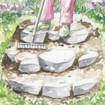 Dessin du jardinier qui comble les espaces en tirant la terre avec son râteau