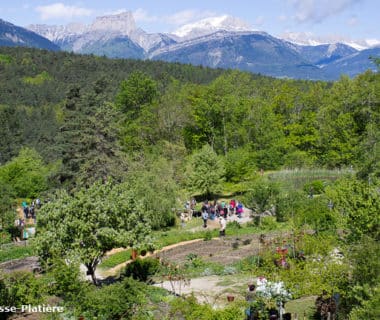 Vue sur le mont aiguille depuis les jardins et visiteurs